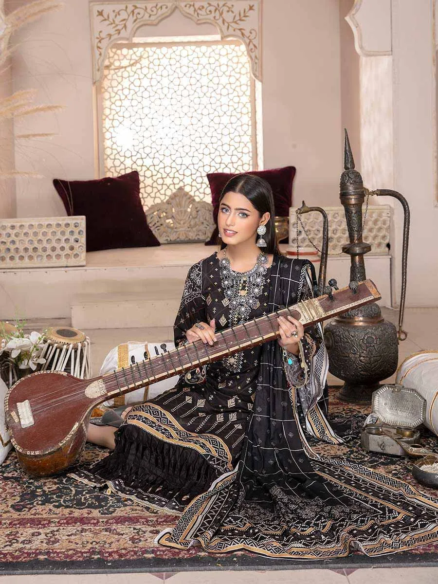 Blossom By Aalaya Unstitched Print and Embroidered Black Winter Pakistani Suit