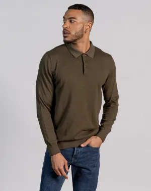 ESSENTIAL LONG SLEEVE KNITTED POLO TOP - DARK KHAKI