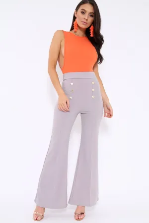 Grey High Waist Button Front Flare Trousers - Raye